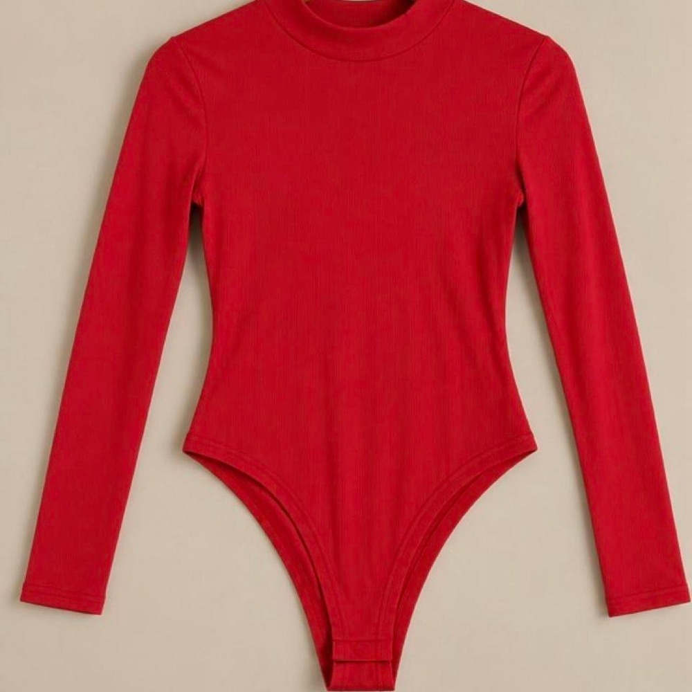 SHEIN Red Ribbed Mock Neck Long Sleeve Bodysuit Y2K Minimalist Size M